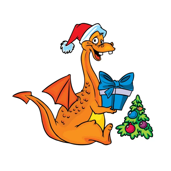 Happy orange dragon with Christmas present — Stockvektor